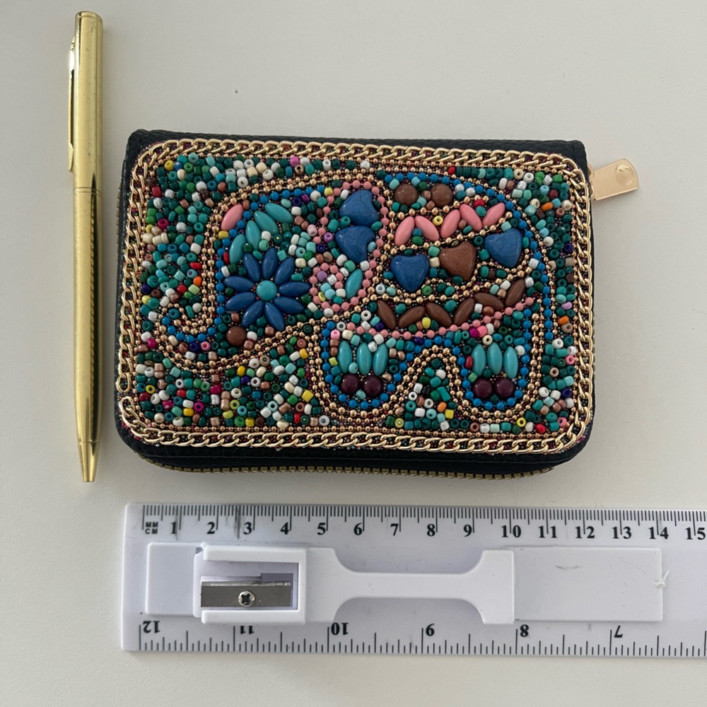Blue and Pink Beaded Key & Card Holder with Intricate Design